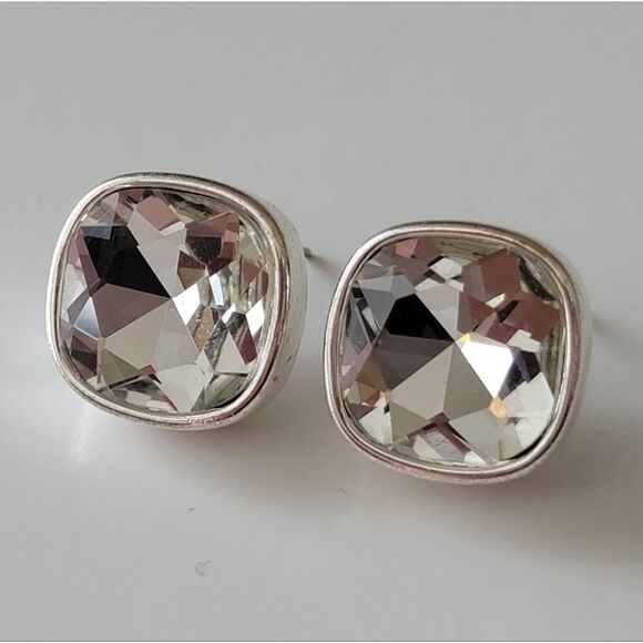 Earrings Silver Tone Crystal Rounded Square Studs #0063 - Picture 4 of 9